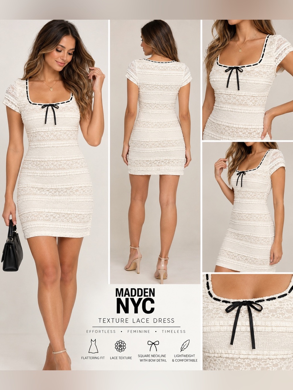 Madden NYC Square Neck Lace Texture Mini Dress Ivory Black Bow S NWT